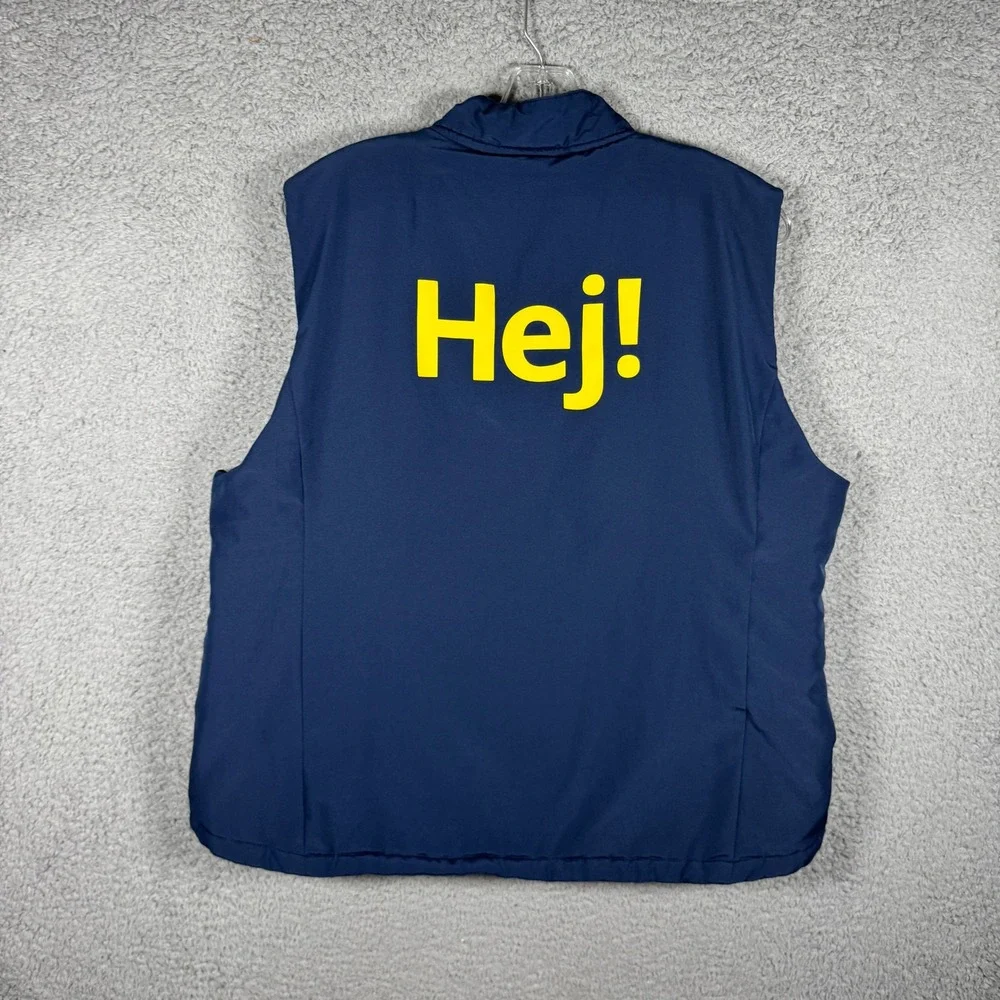 IKEA Employee Uniform Vest Navy Blue Hej Graphic Full Zip Shaped Mens XL 84489